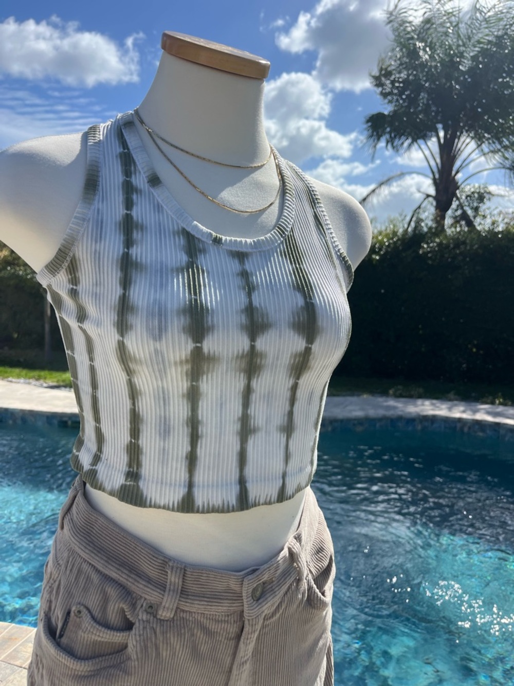 Mono B Olive & White Ribbed Tie-Dye Crop Tank